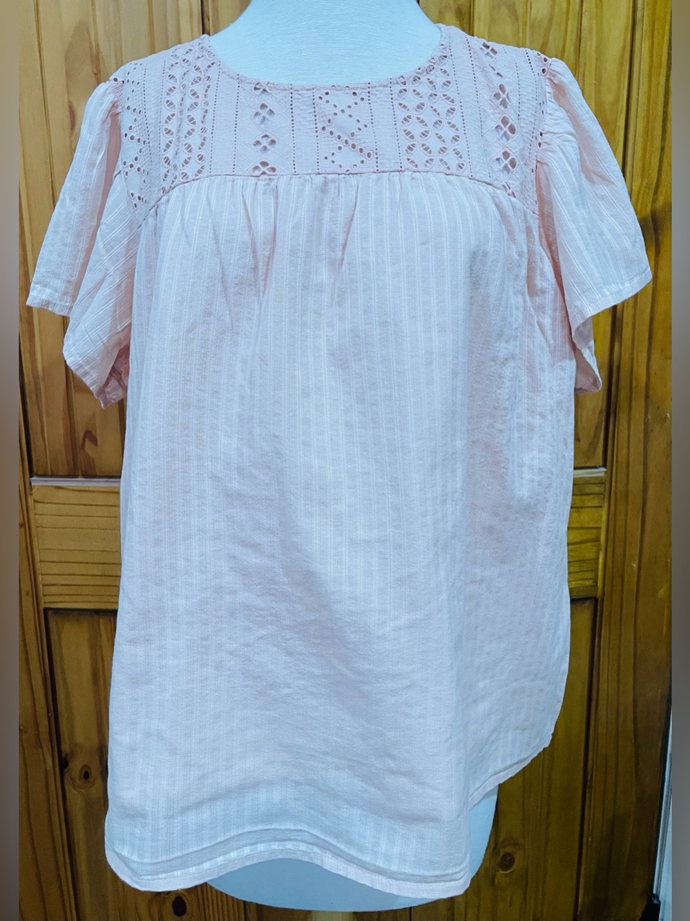 Ella Moss Pale Pink Eyelet Yoke Short Sleeve Tunic